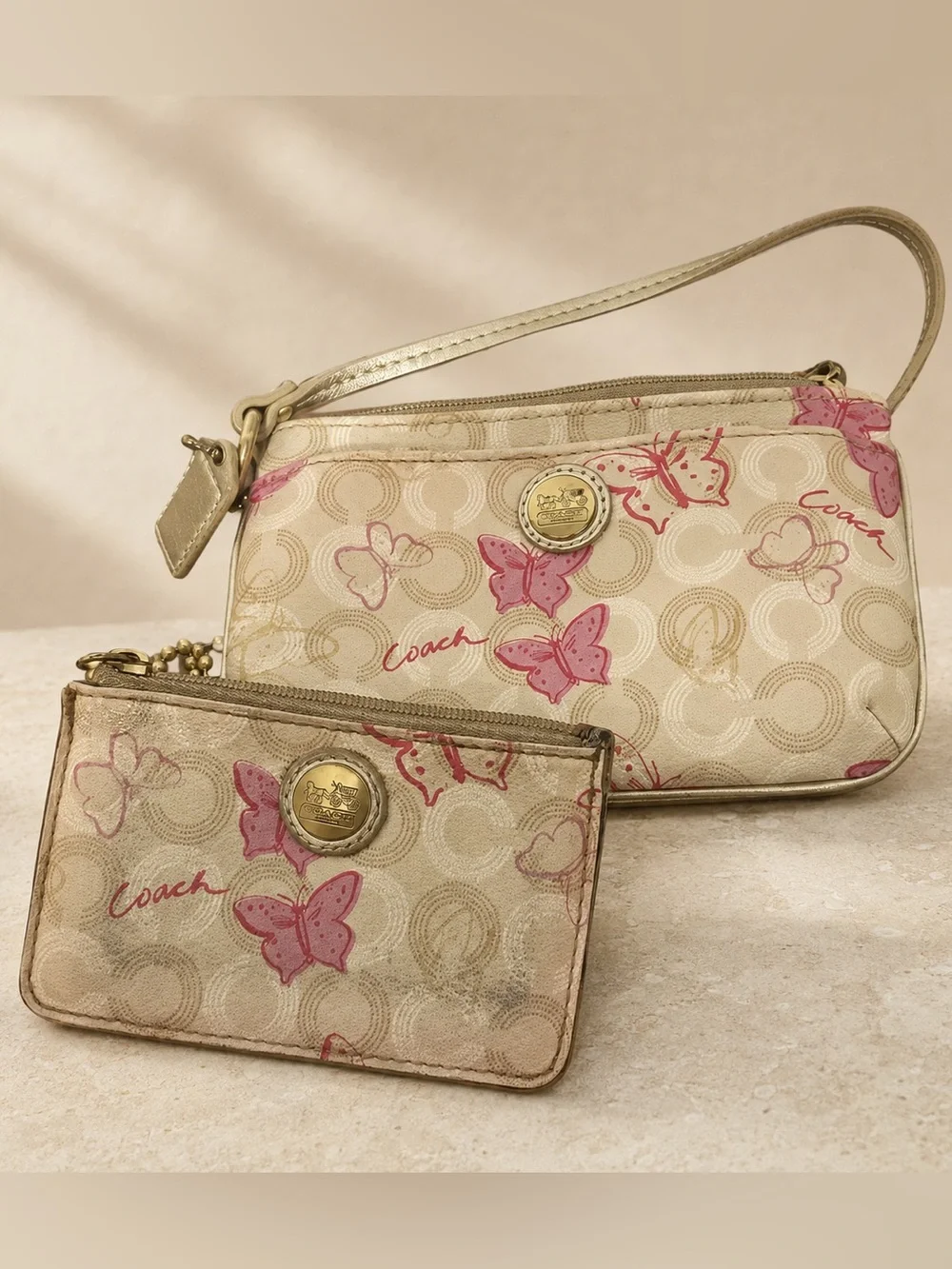 Coach Signature Pink Butterfly Wristlet & ID Coin Purse Set
